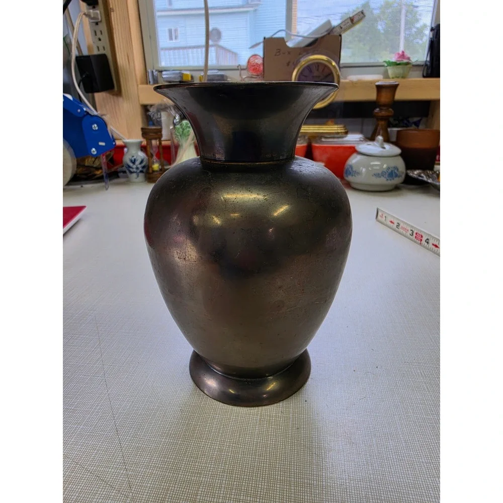 Vintage Art Deco Mixed Metal Vase Copper Brass Inlay Geometric Patinated 6.25in